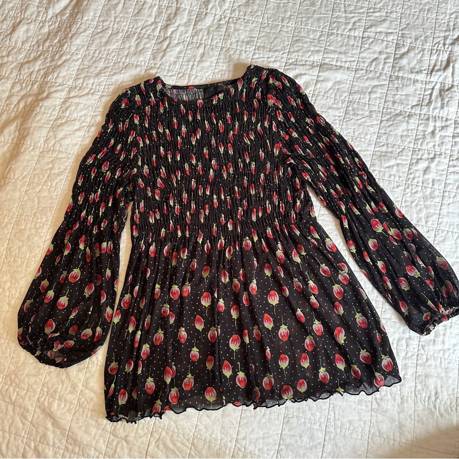 Anna Sui Black Roses Are Red Smocked Top Blouse New Medium Nwt